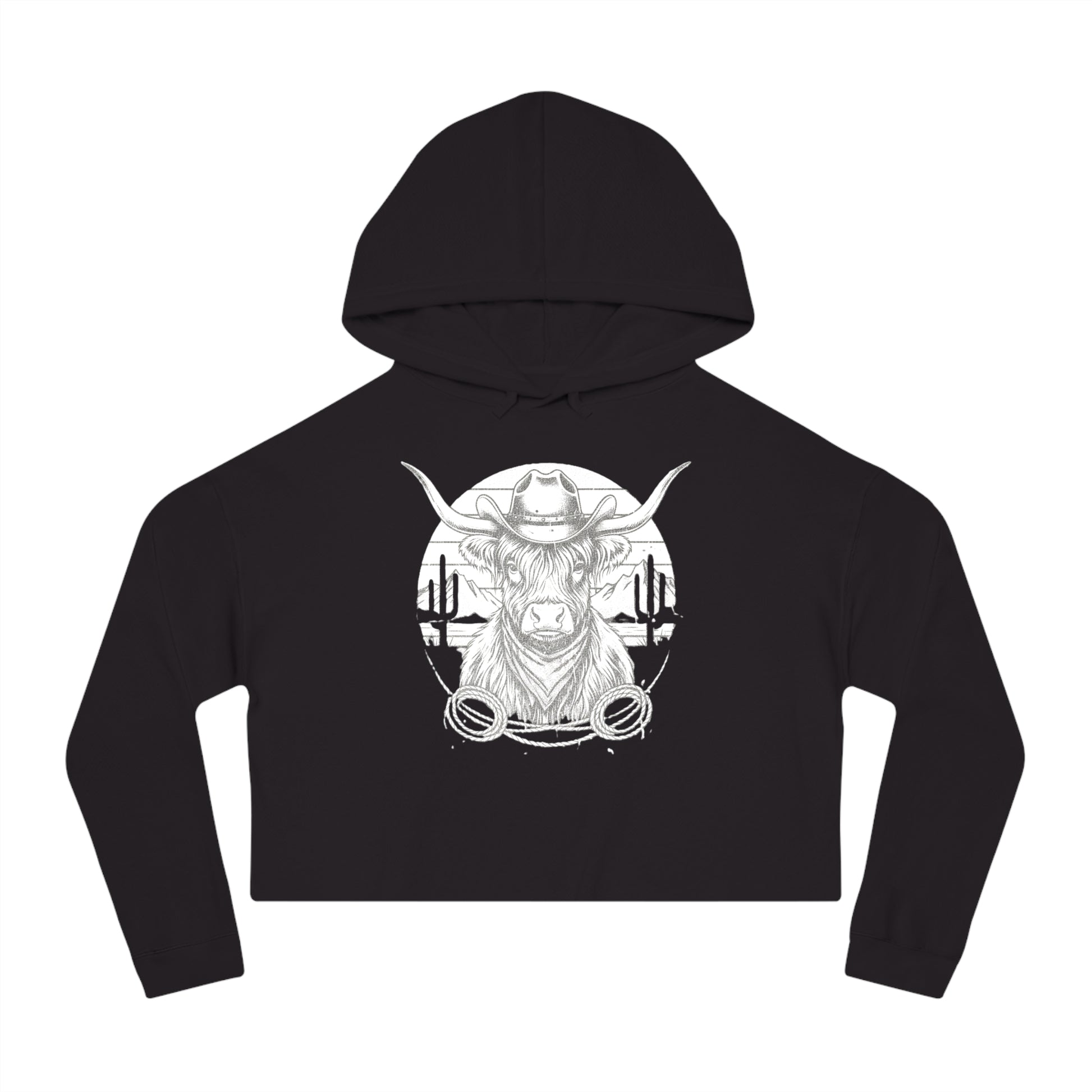 Black hoodie with white highland cow and desert landscape graphic design on a white background #Black