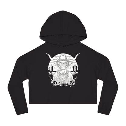 Black hoodie with white highland cow and desert landscape graphic design on a white background #Black