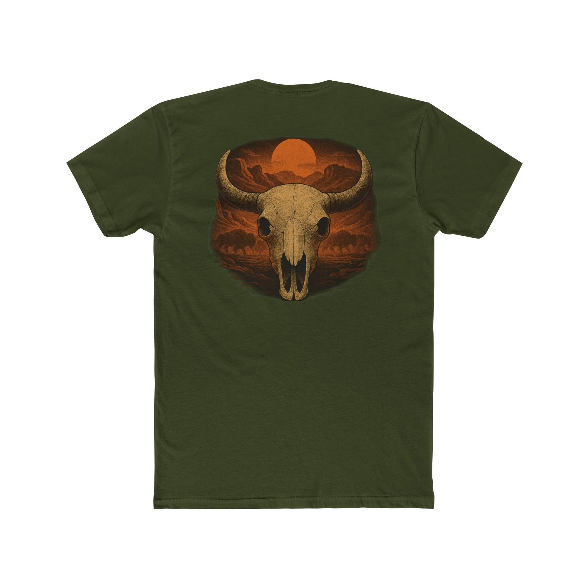 Military Green t-shirt with graphic of bison skull, bison silhouettes, valley landscape, and a sun #militarygreen