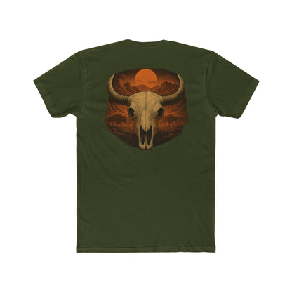 Military Green t-shirt with graphic of bison skull, bison silhouettes, valley landscape, and a sun #militarygreen