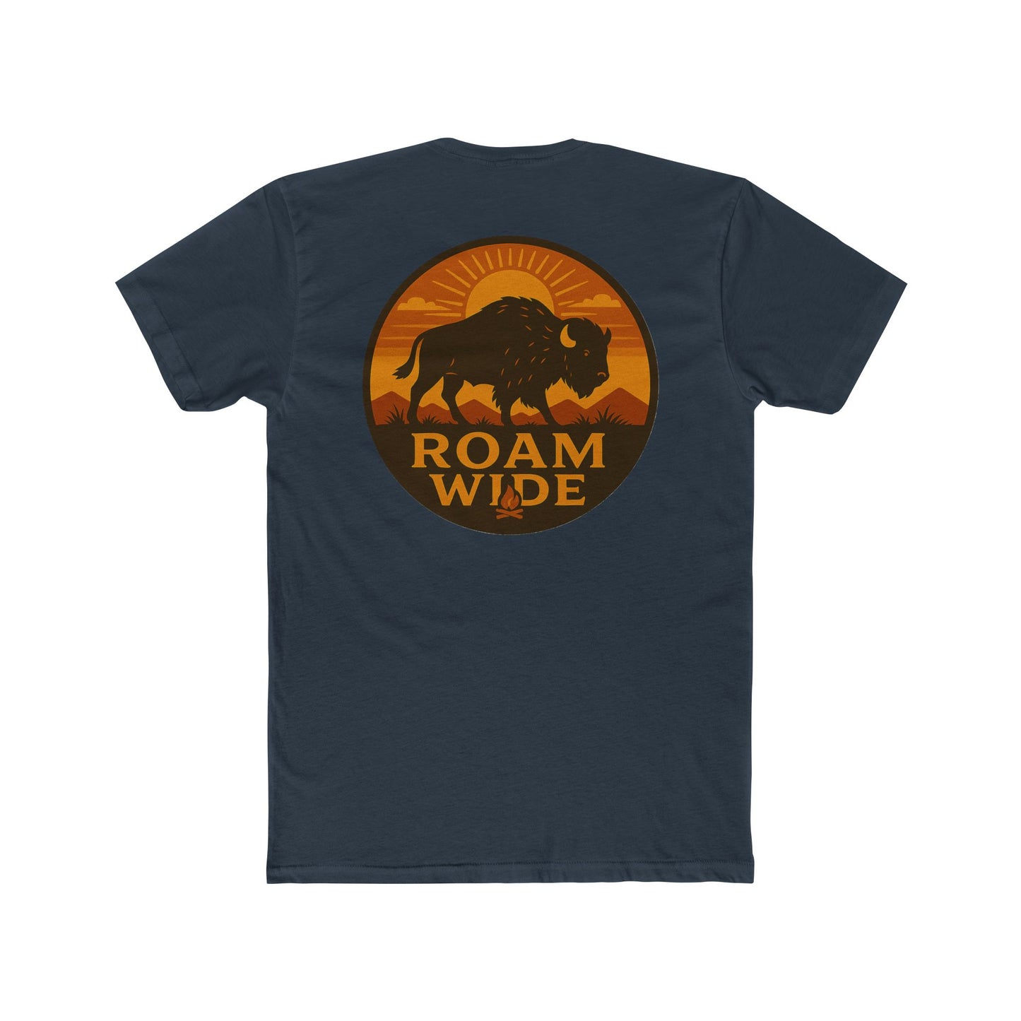 Indigo t-shirt with circular graphic with a bison, mountains, campfire, sun shining, and the words roam wide #indigo