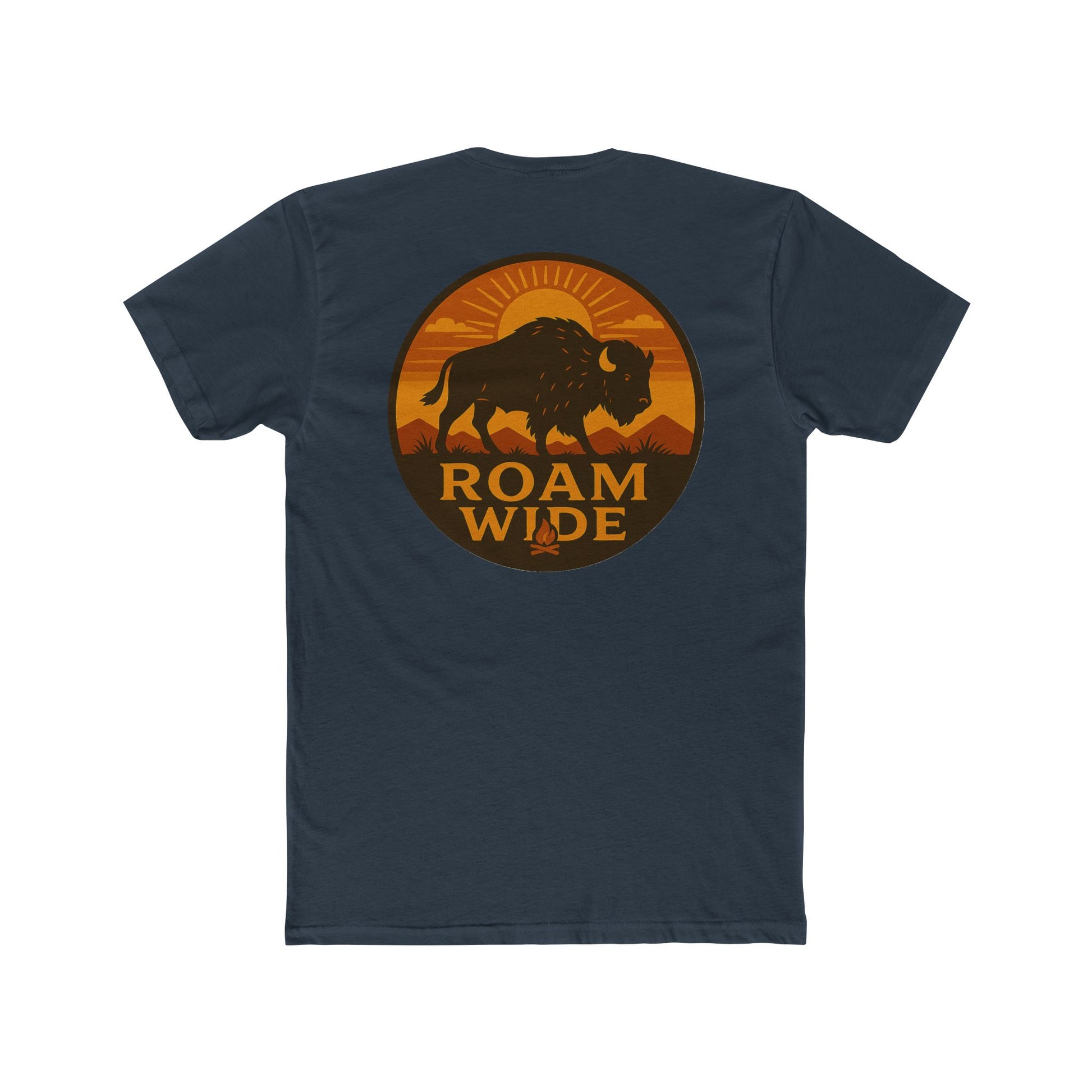Indigo t-shirt with circular graphic with a bison, mountains, campfire, sun shining, and the words roam wide #indigo