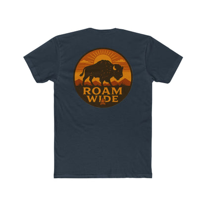 Indigo t-shirt with circular graphic with a bison, mountains, campfire, sun shining, and the words roam wide #indigo