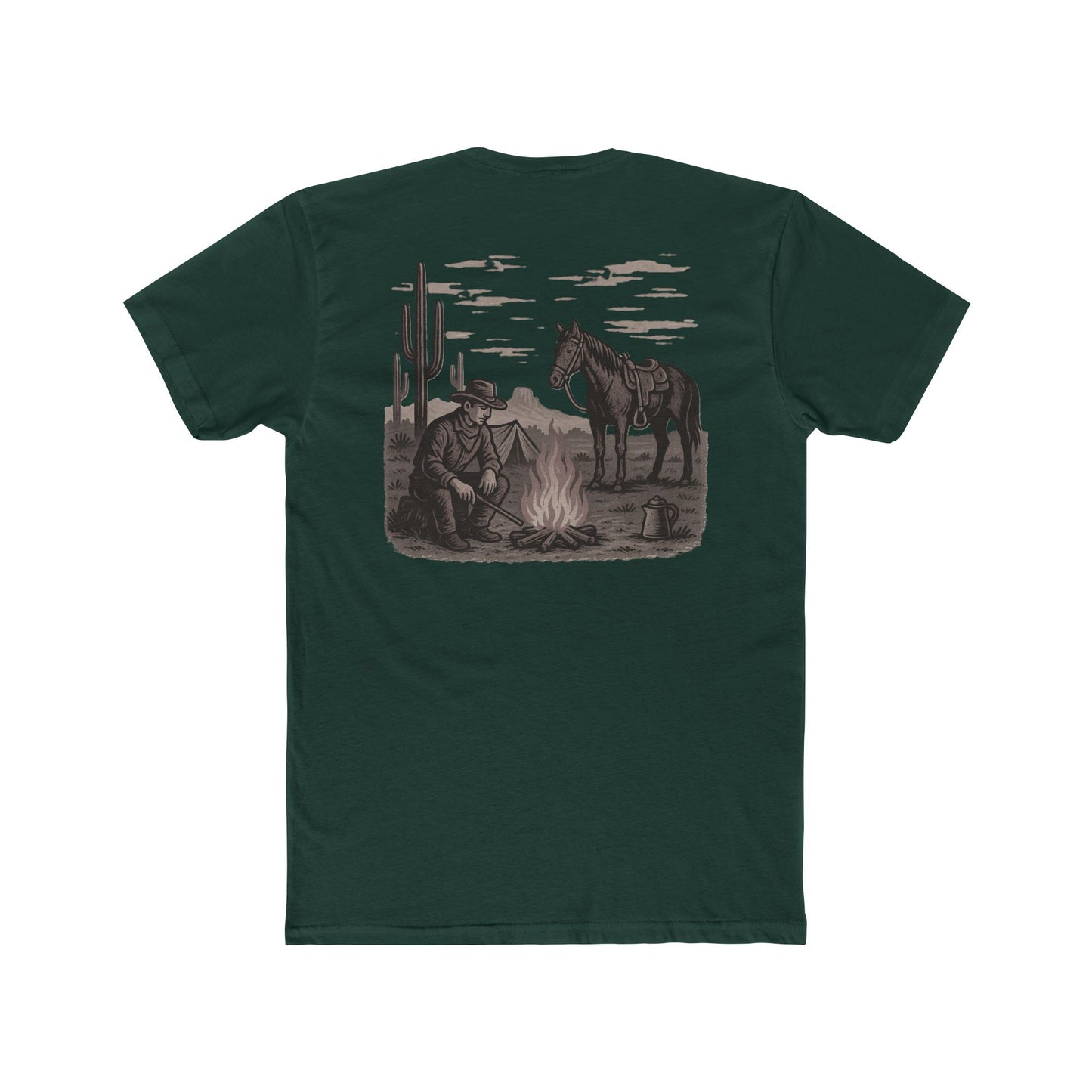 Forest Green t-shirt with graphic of cowboy and horse sitting at a campfire in a desert landscape #forestgreen