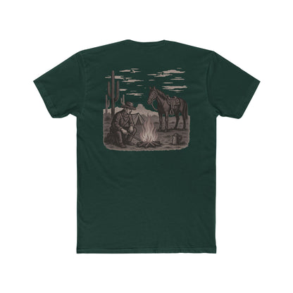 Forest Green t-shirt with graphic of cowboy and horse sitting at a campfire in a desert landscape #forestgreen