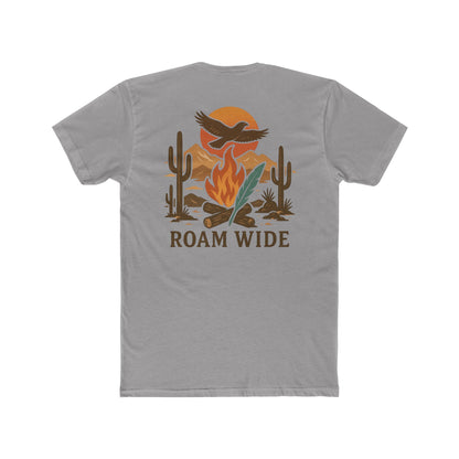 Gray t-shirt with graphic of a campfire, bird, sun, cacti, and mountains in the desert with the words roam wide #gray