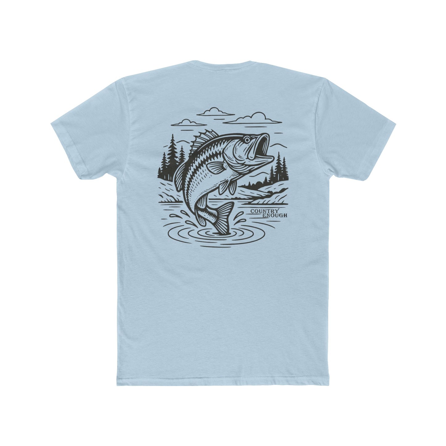 Light Blue t-shirt with graphic of a bass jumping out of mountainside water #lightblue