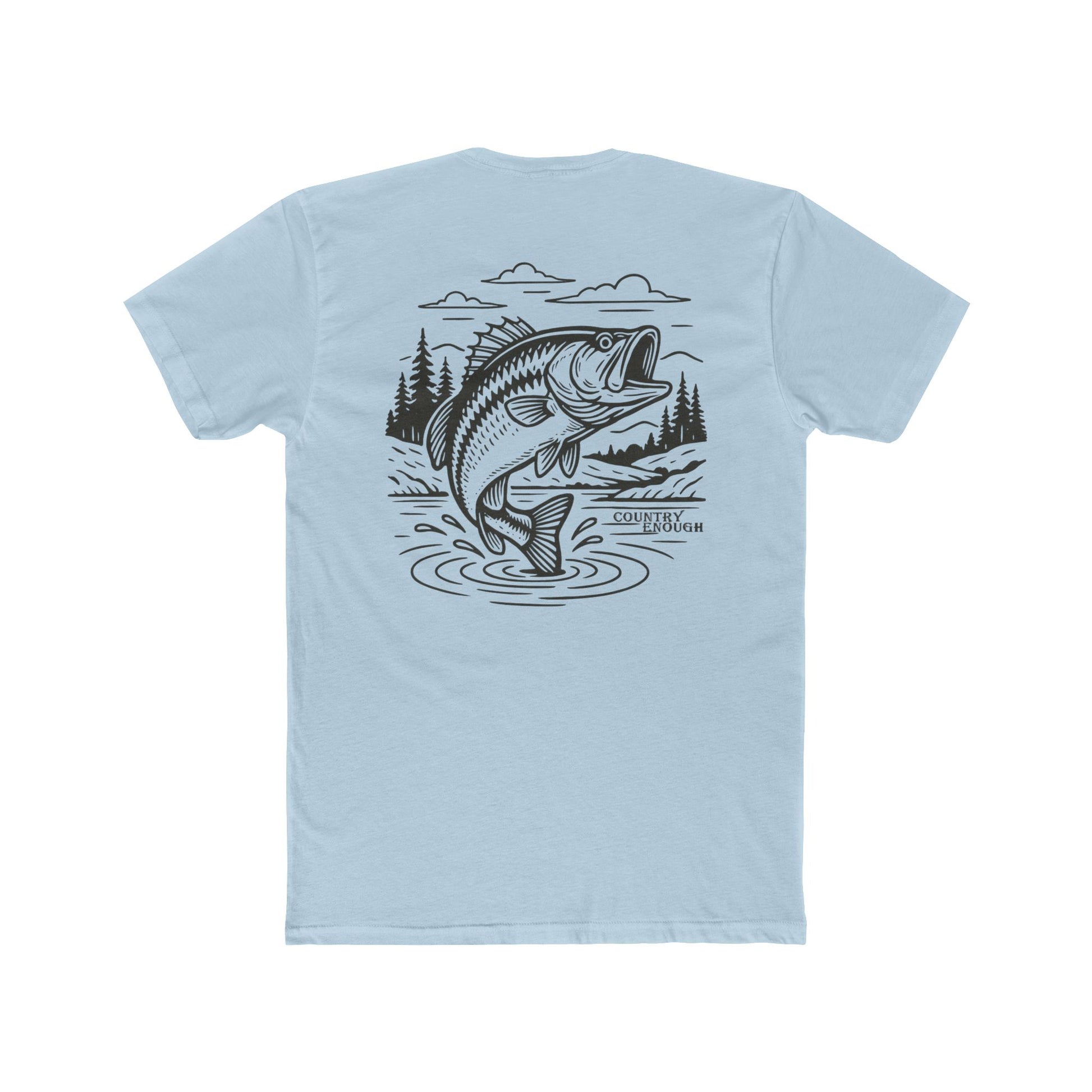 Light Blue t-shirt with graphic of a bass jumping out of mountainside water #lightblue