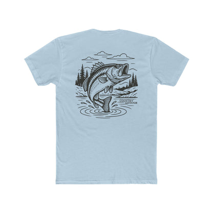 Light Blue t-shirt with graphic of a bass jumping out of mountainside water #lightblue