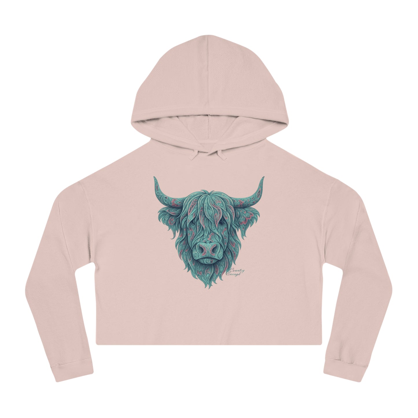 Pale pink crop hoodie with a vibrant Paisley Highland Cow graphic #palepink