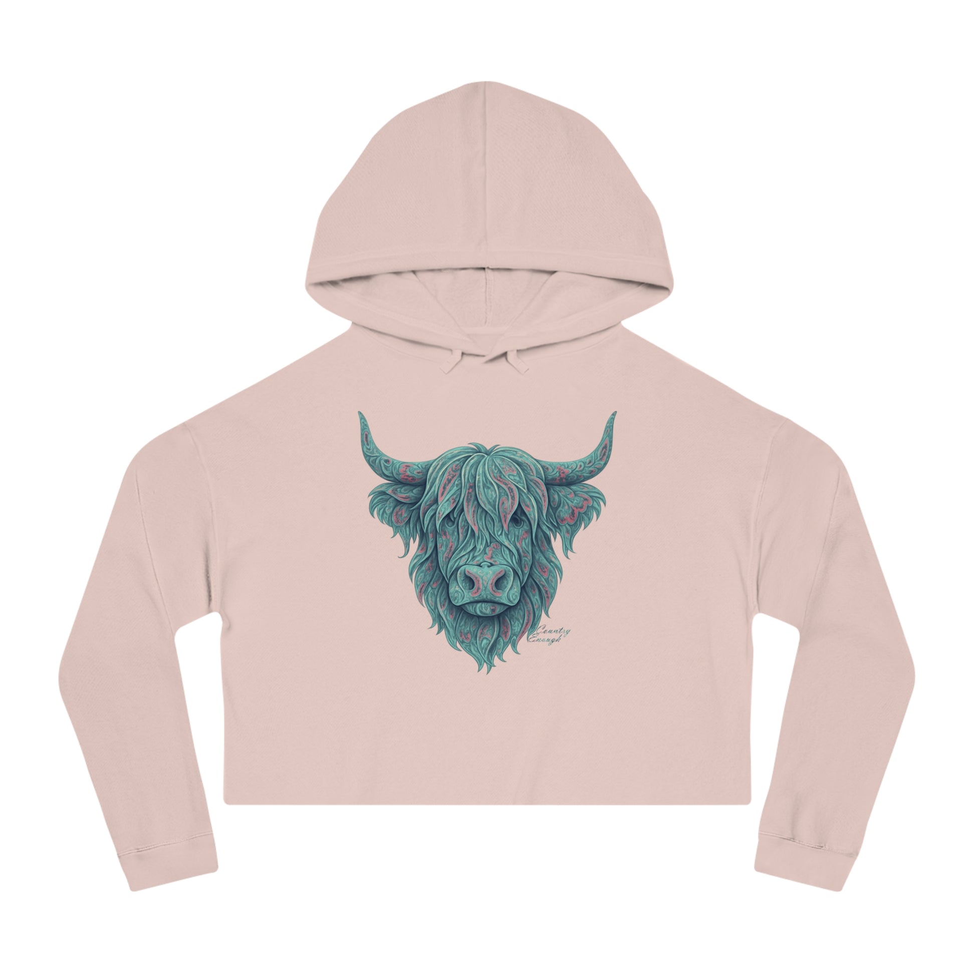 Pale pink crop hoodie with a vibrant Paisley Highland Cow graphic #palepink