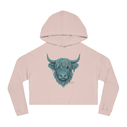 Pale pink crop hoodie with a vibrant Paisley Highland Cow graphic #palepink