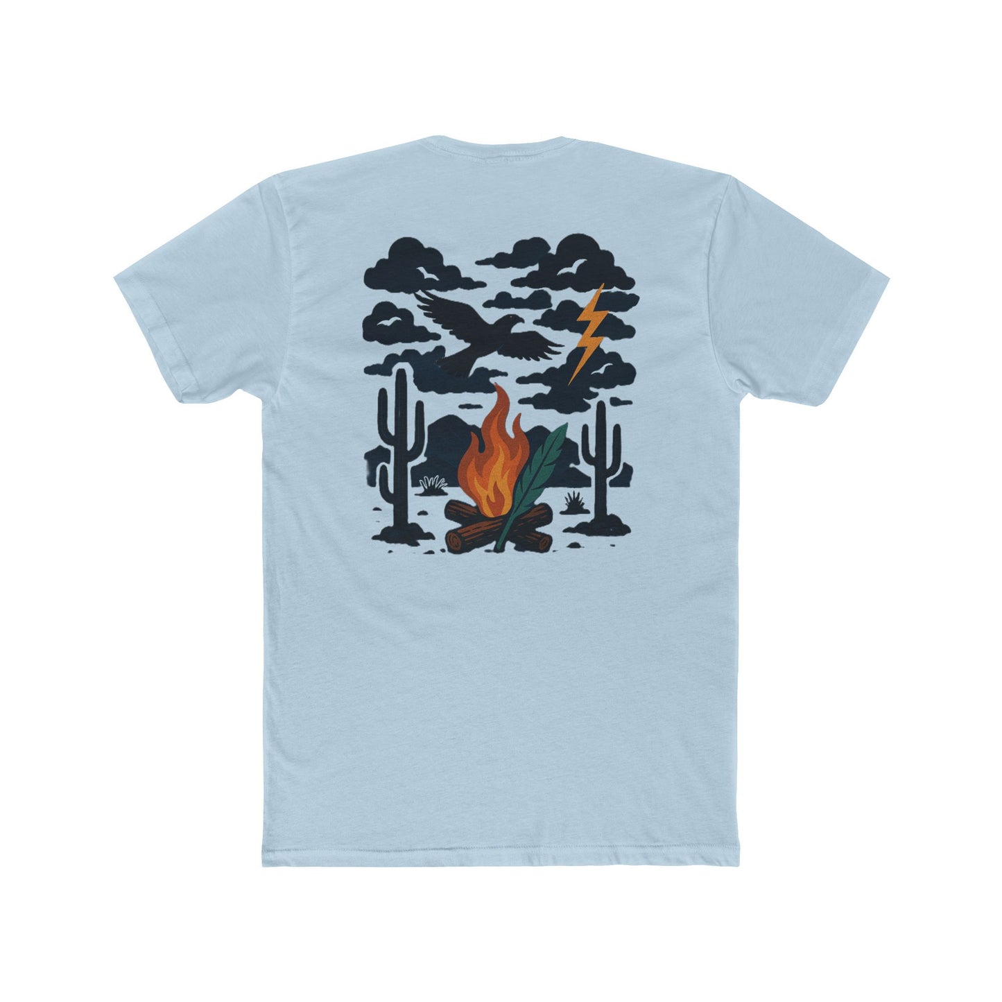 Light Blue t-shirt with graphic of clouds, lightning, bird, a campfire, cacti in a desert landscape #lightblue
