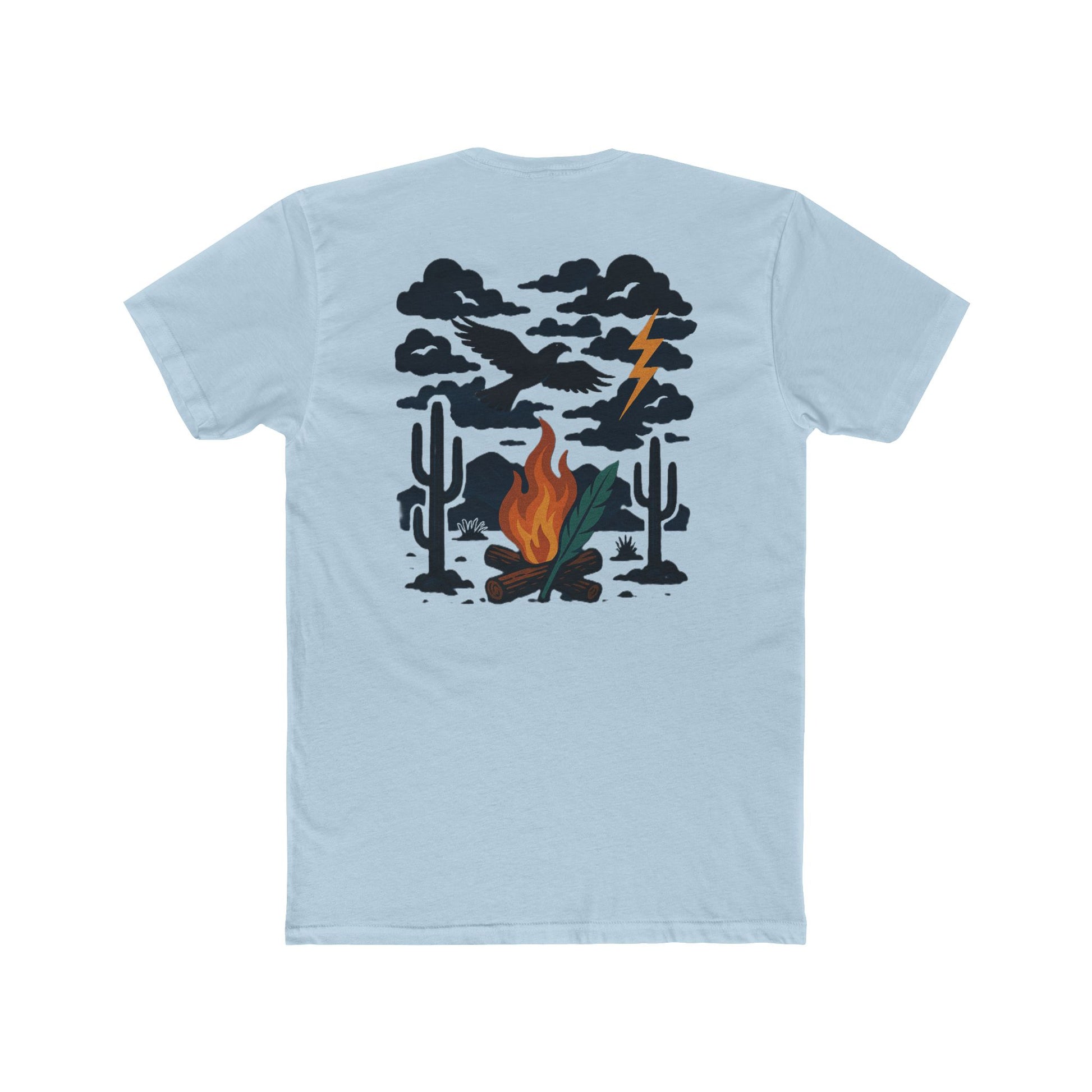Light Blue t-shirt with graphic of clouds, lightning, bird, a campfire, cacti in a desert landscape #lightblue