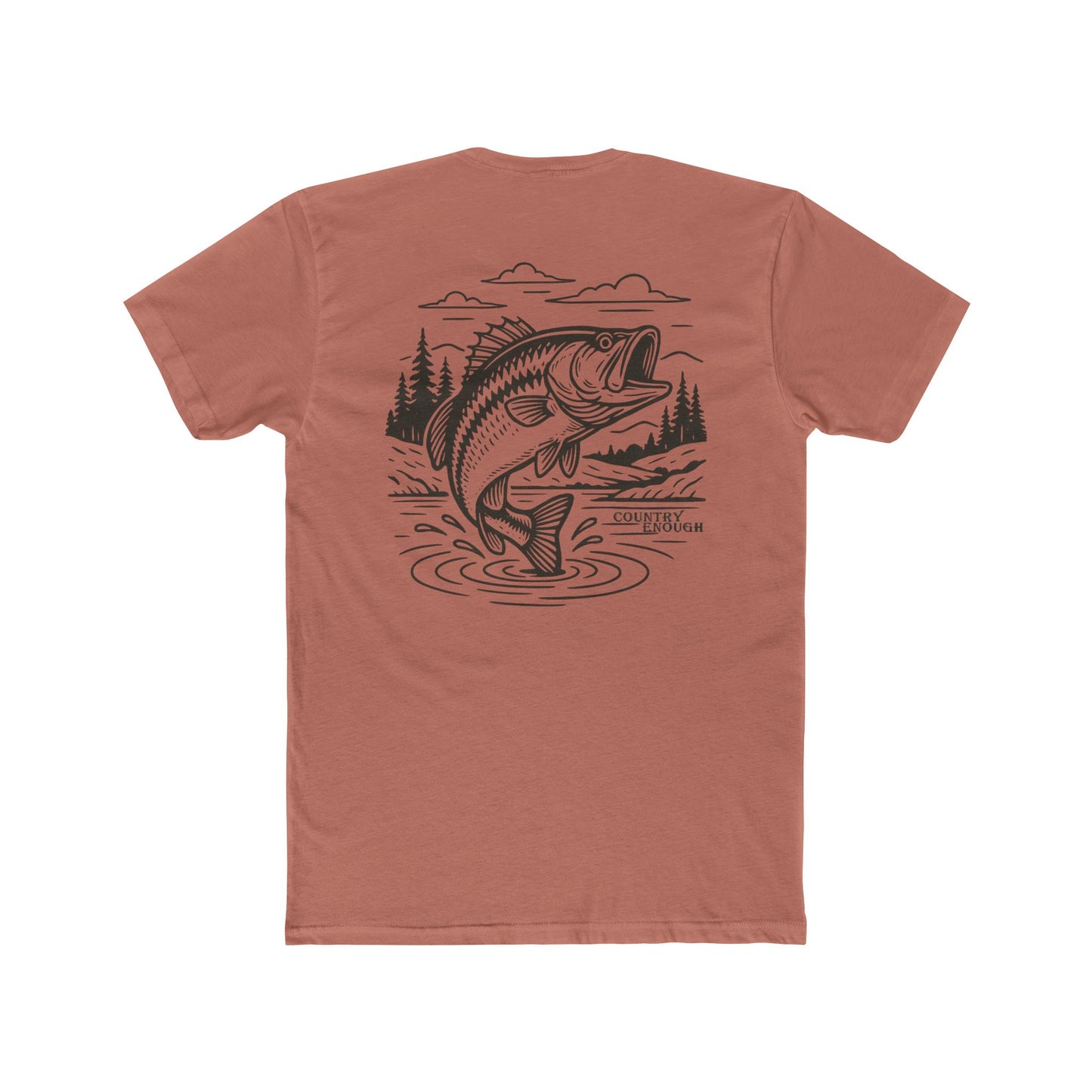 Desert Pink t-shirt with graphic of a bass jumping out of mountainside water #desertpink