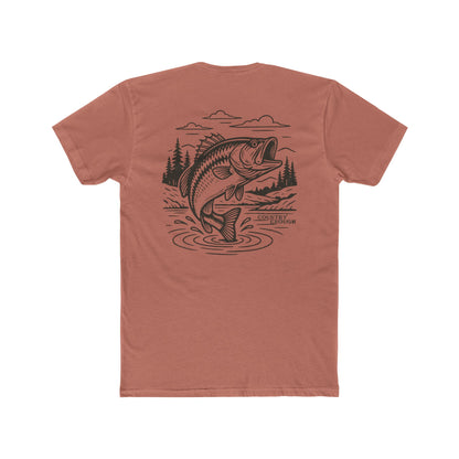 Desert Pink t-shirt with graphic of a bass jumping out of mountainside water #desertpink