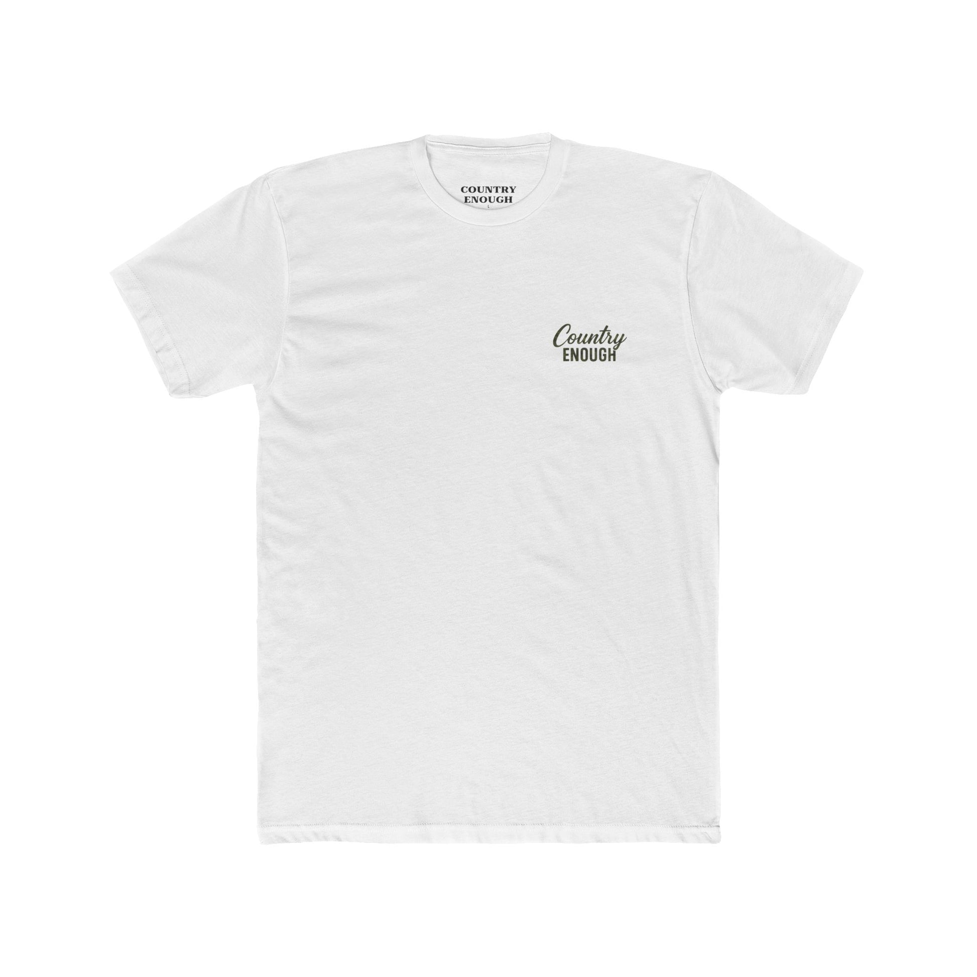 White t-shirt with graphic of a bass and the words country enough #white