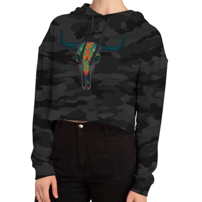 Black Camo hoodie with a colorful bull skull design #blackcamo