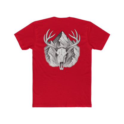 Red t-shirt with graphic of buck skull in front of mountains #red