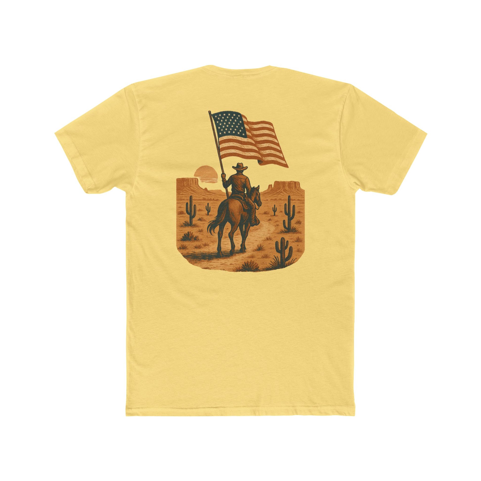 Yellow t-shirt with graphic of western horse and rider holding the American flag in the desert with cacti at sunset #yellow