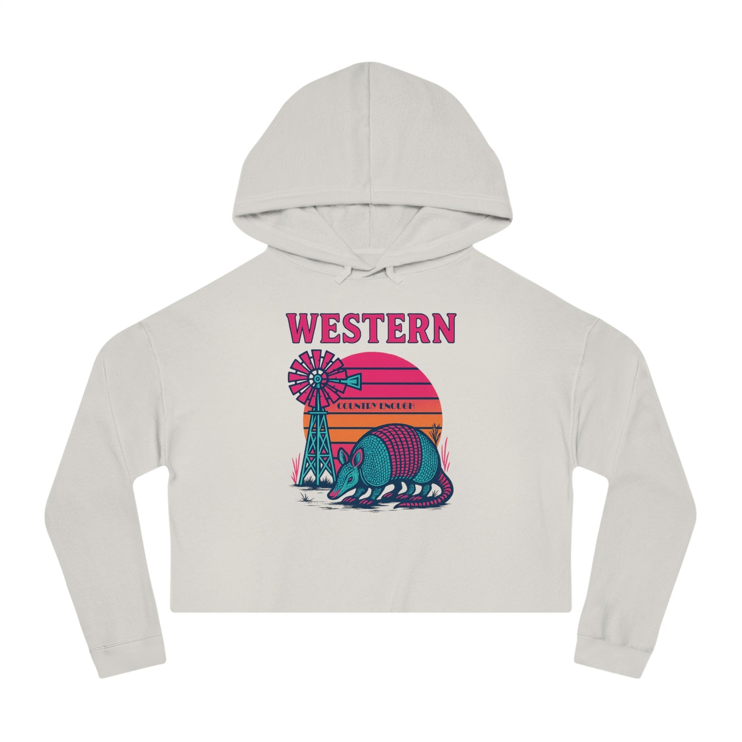 Bone crop hoodie with graphic featuring a sun, windmill, and armadillo. #bone