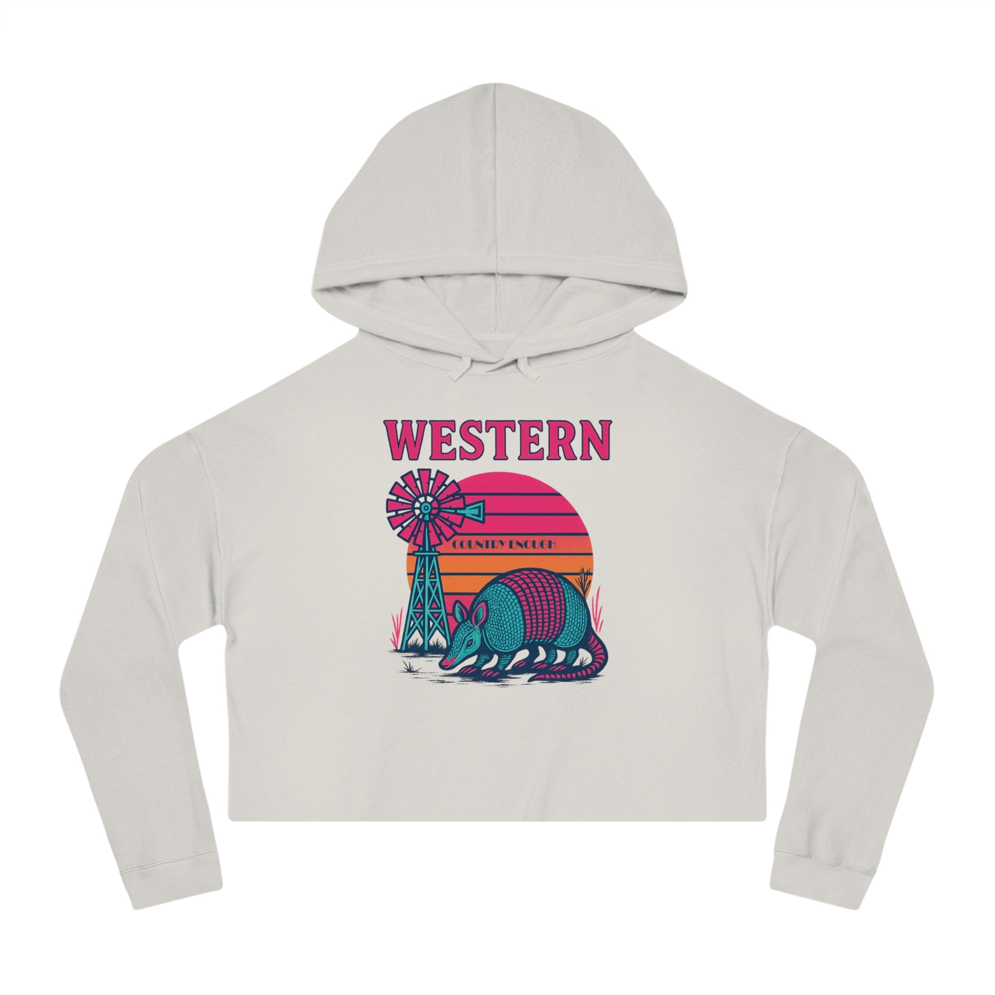 Bone crop hoodie with graphic featuring a sun, windmill, and armadillo. #bone
