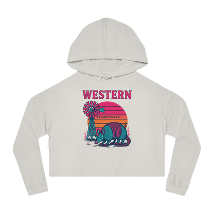 Bone crop hoodie with graphic featuring a sun, windmill, and armadillo. #bone