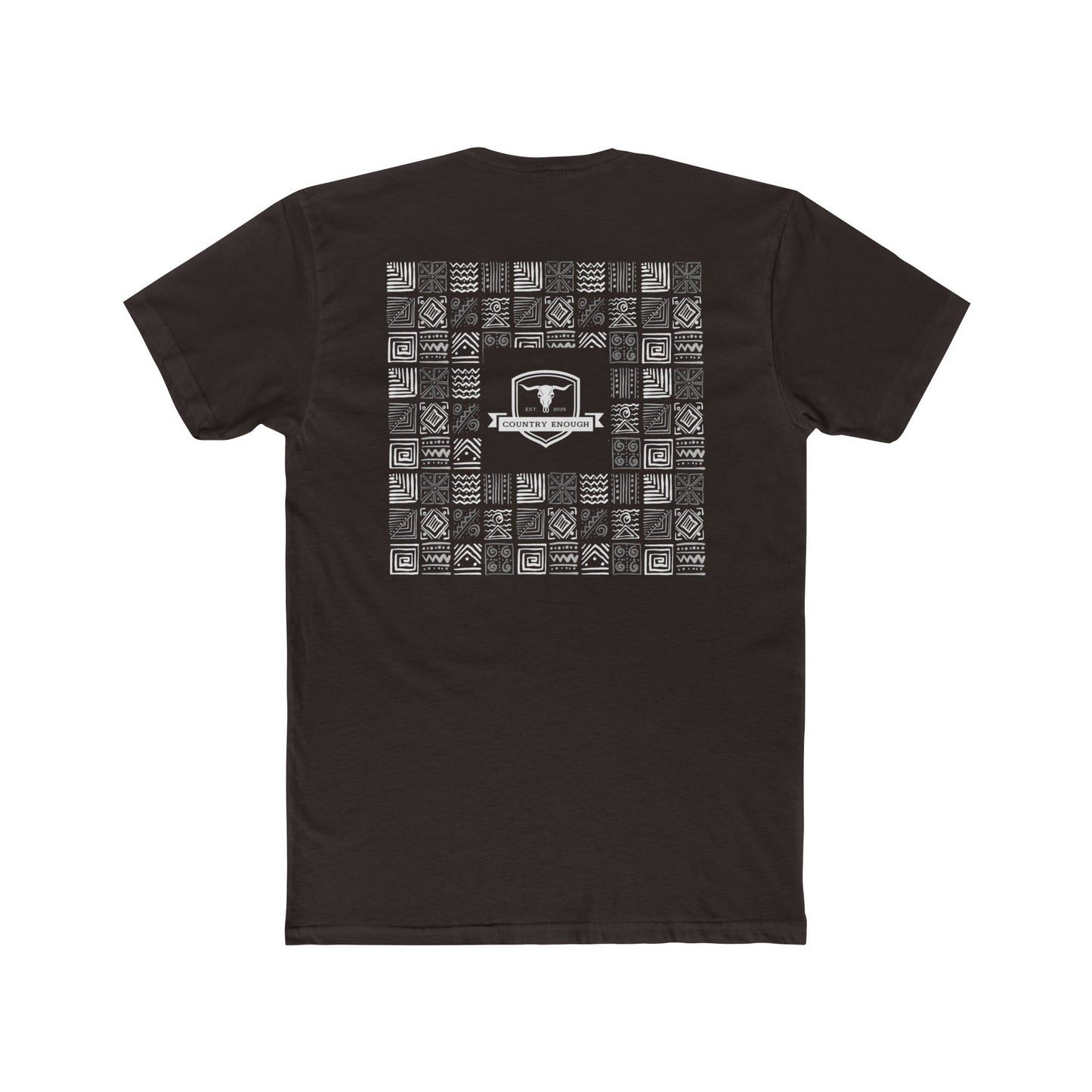 Dark Brown t-shirt with graphic of aztec patterns arranged in a square with country enough logo in the center #darkbrown