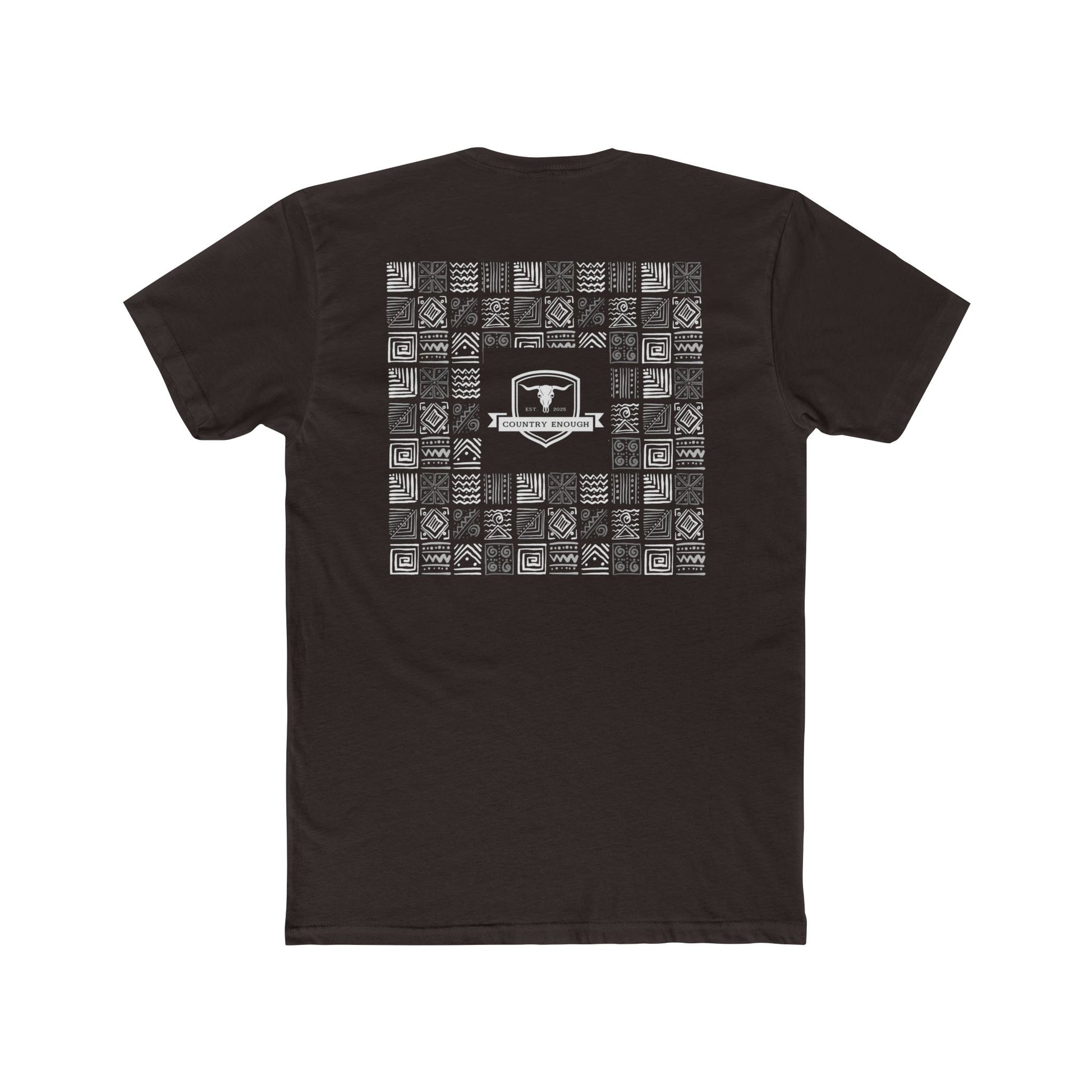 Dark Brown t-shirt with graphic of aztec patterns arranged in a square with country enough logo in the center #darkbrown