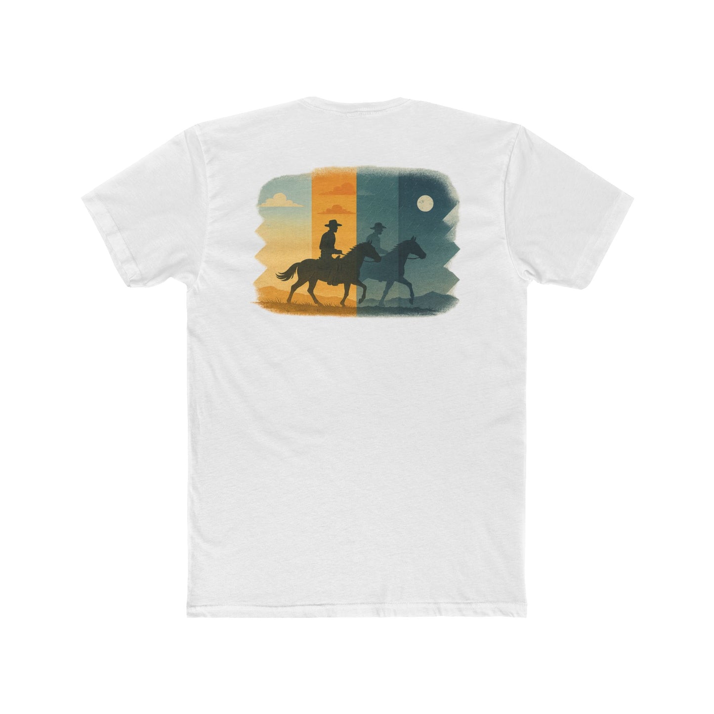 White t-shirt with graphic of cowboy riding through a desert landscape at different times of the day #white
