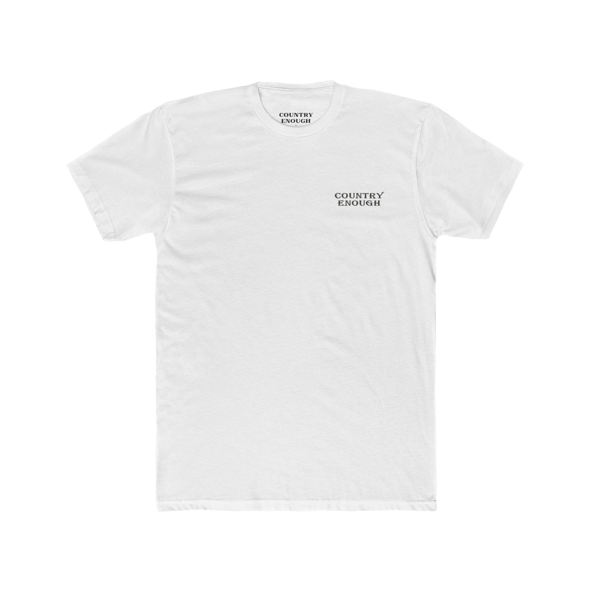 White t-shirt with graphic of a bass jumping out of mountainside water #white