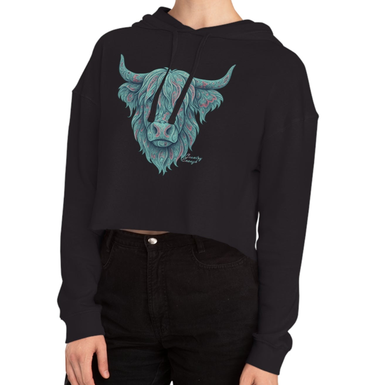 Black crop hoodie with a vibrant Paisley Highland Cow graphic #black