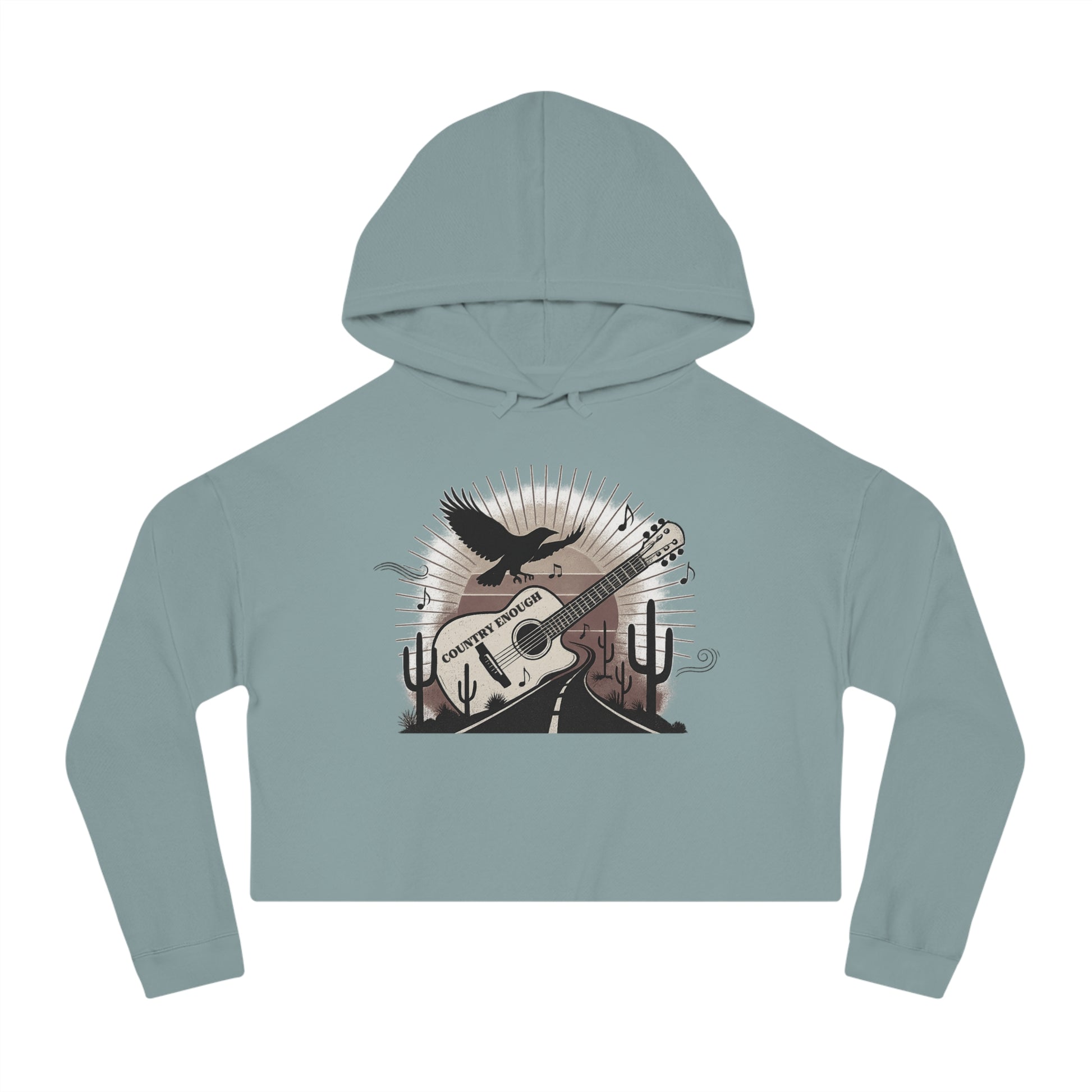 Mineral crop hoodie with a graphic of a guitar, a soaring desert bird, cactus silhouettes, and a sunset over a winding road #mineral