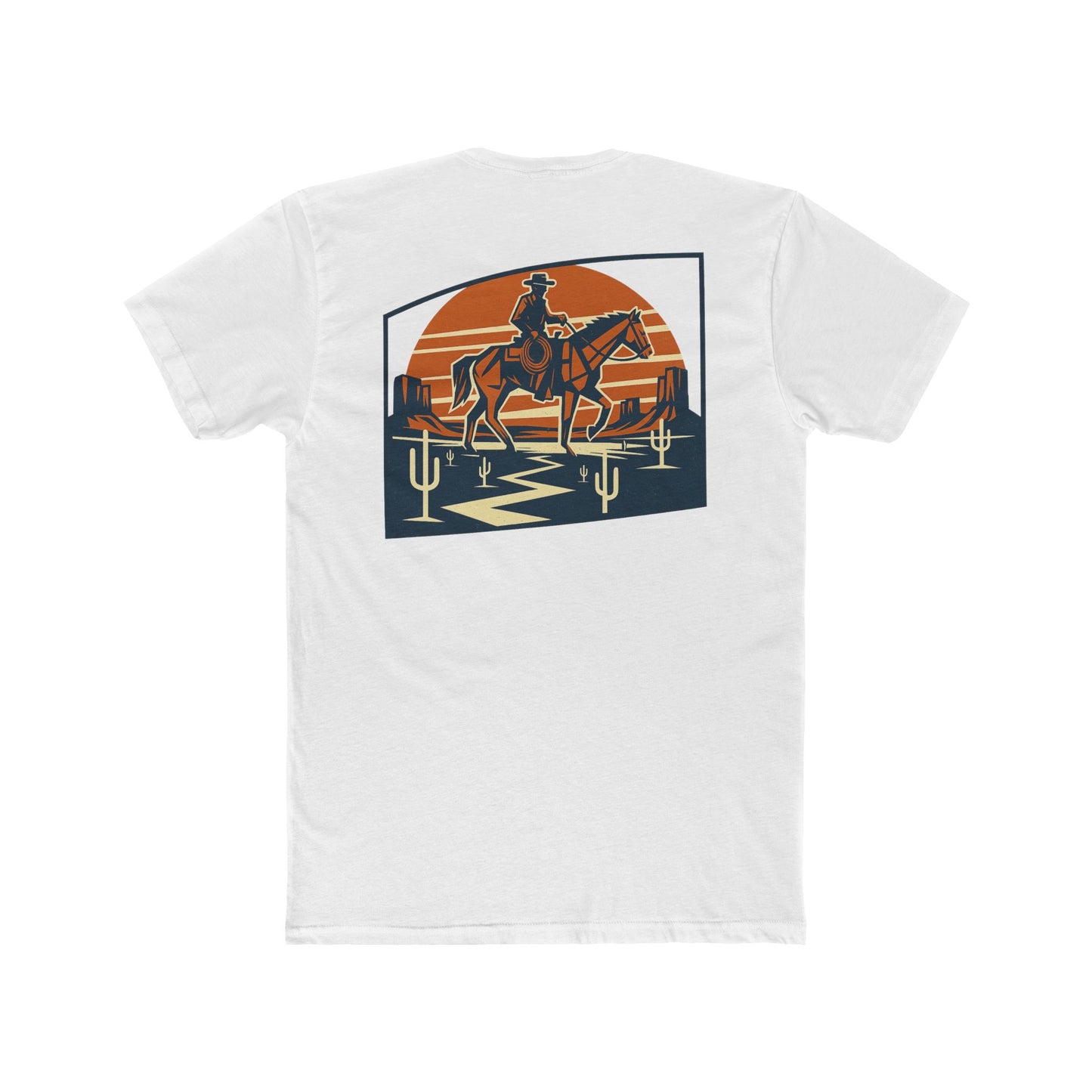 White t-shirt with graphic design containing horse and rider, desert, mountains, and cactus #white