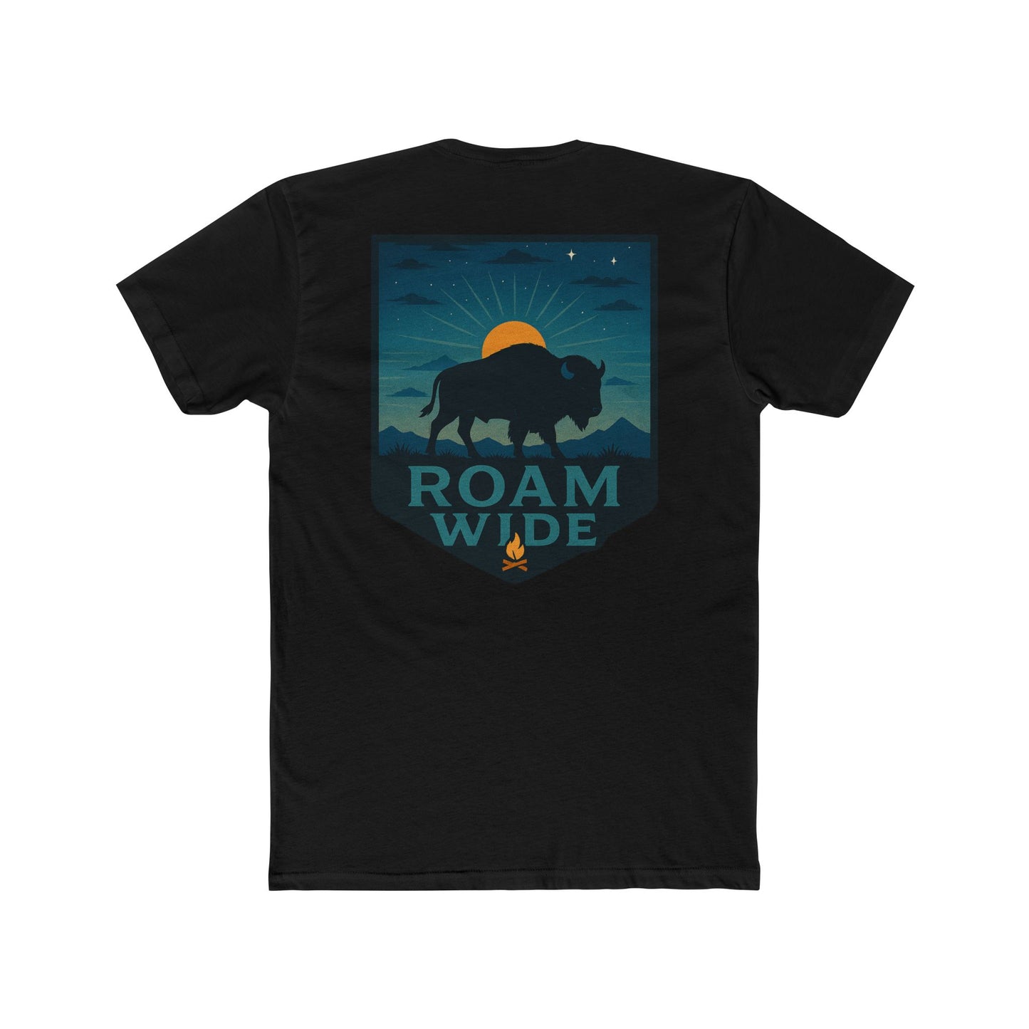 Black T-Shirt with graphic of bison, sun, mountains, and the words roam wide #black