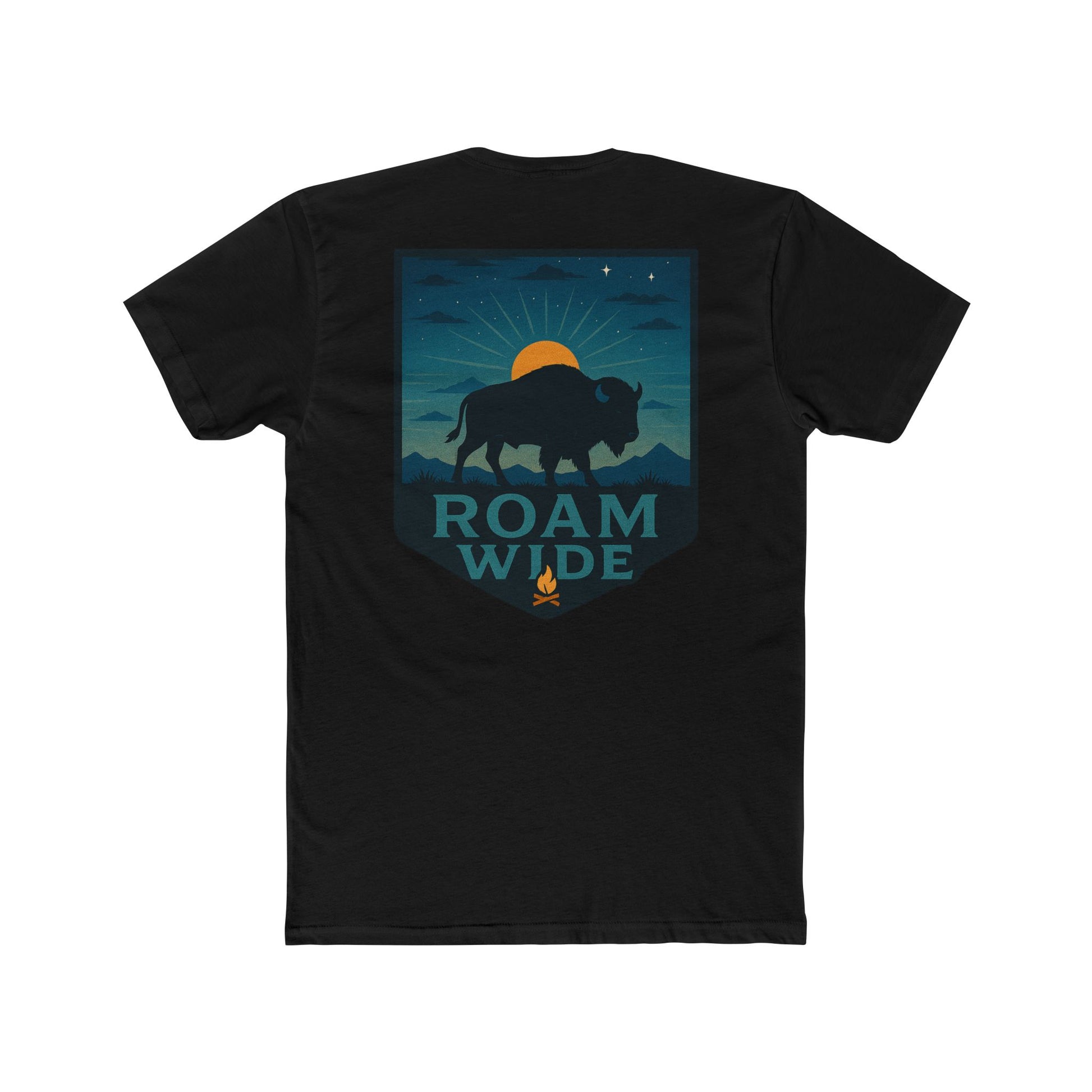 Black T-Shirt with graphic of bison, sun, mountains, and the words roam wide #black