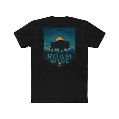 Black T-Shirt with graphic of bison, sun, mountains, and the words roam wide #black