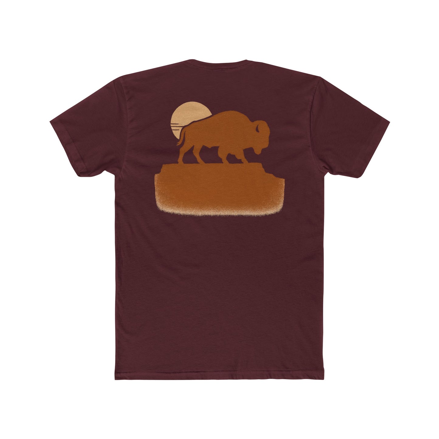 Maroon t-shirt with graphic of bison atop a plateau and the sun behind #maroon