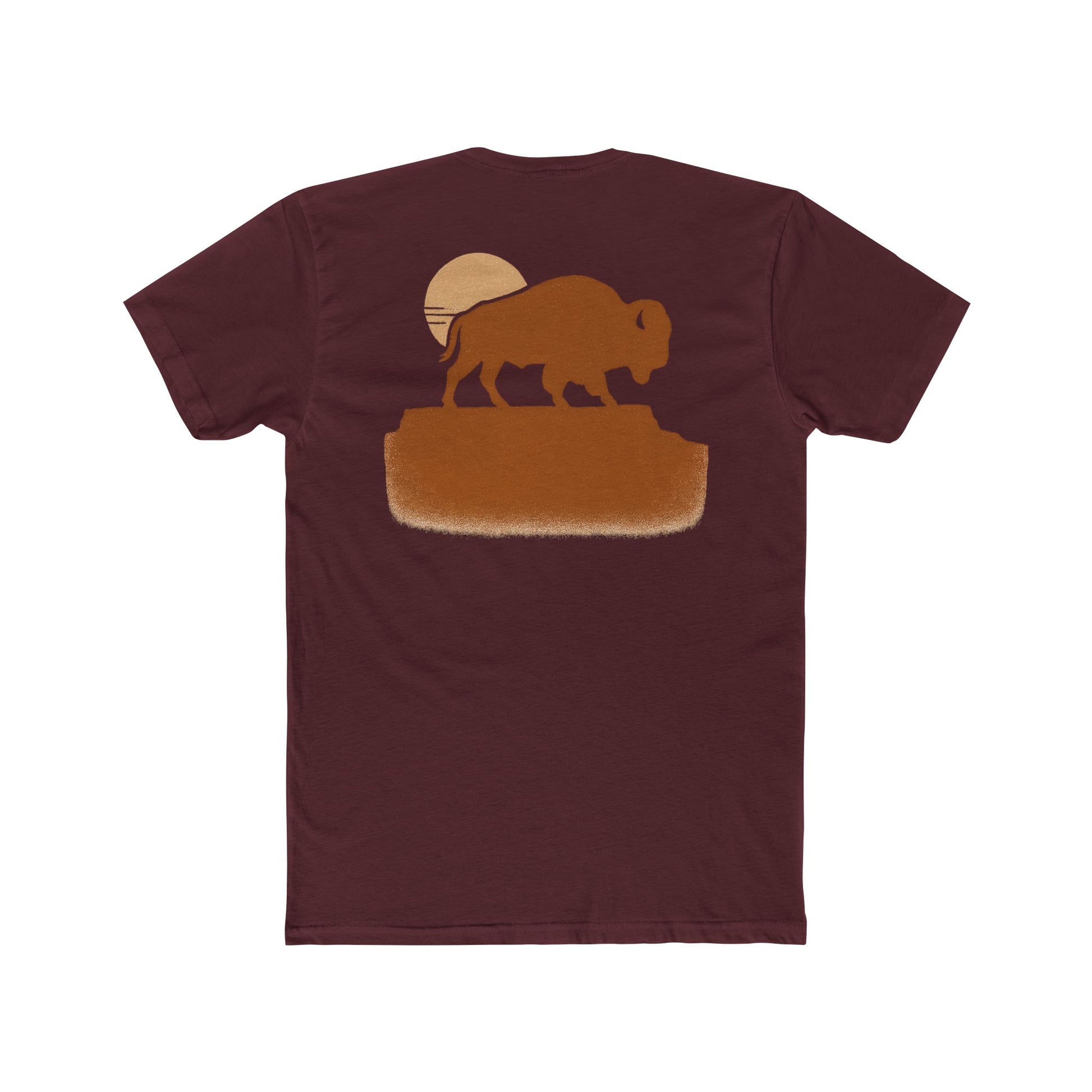 Maroon t-shirt with graphic of bison atop a plateau and the sun behind #maroon