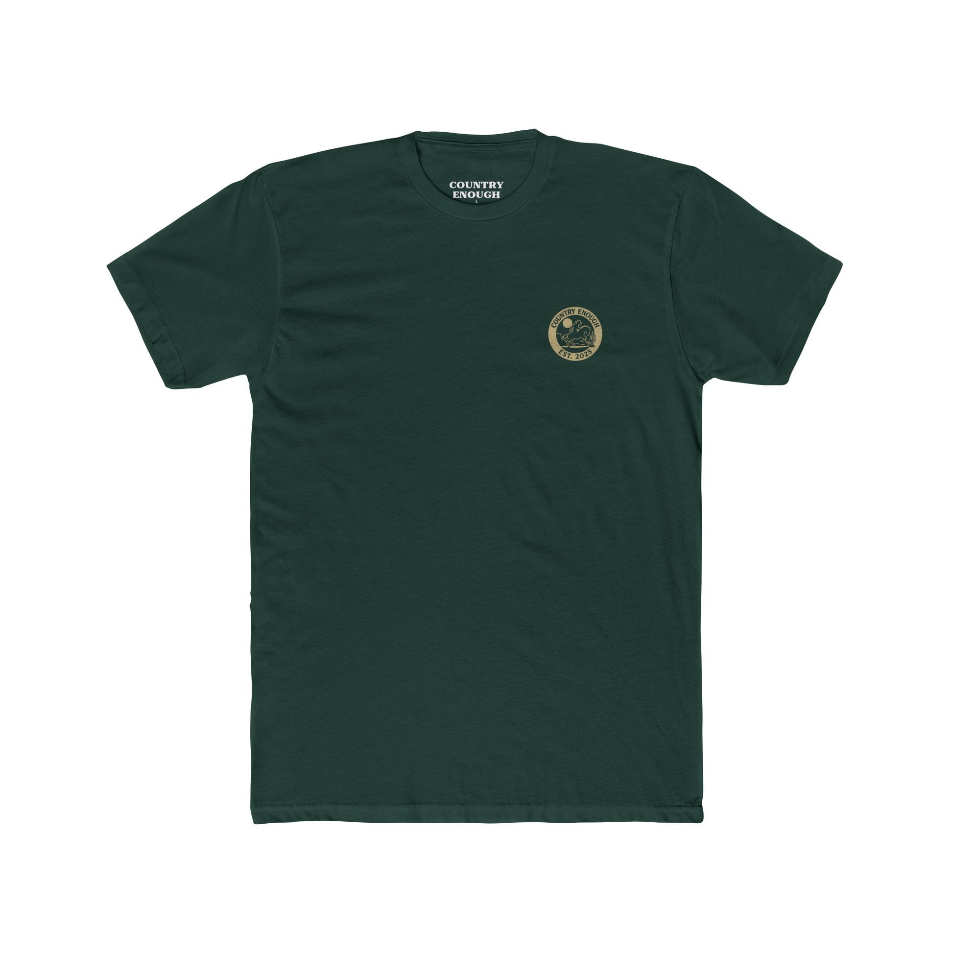 Forest Green t-shirt featuring mountains, cactus, horse and rider, and a full moon. #forestgreen