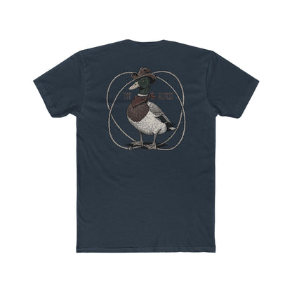 Indigo t-shirt with a graphic of a duck wearing a cowboy hat and bandana with rope border and the words you missed #indigo