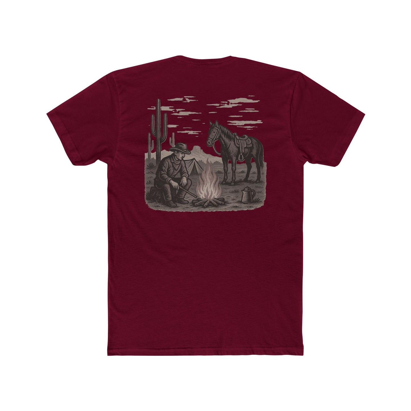Cardinal Red t-shirt with graphic of cowboy and horse sitting at a campfire in a desert landscape #cardinalred