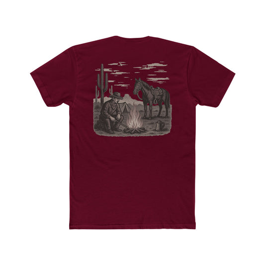 Cardinal Red t-shirt with graphic of cowboy and horse sitting at a campfire in a desert landscape #cardinalred