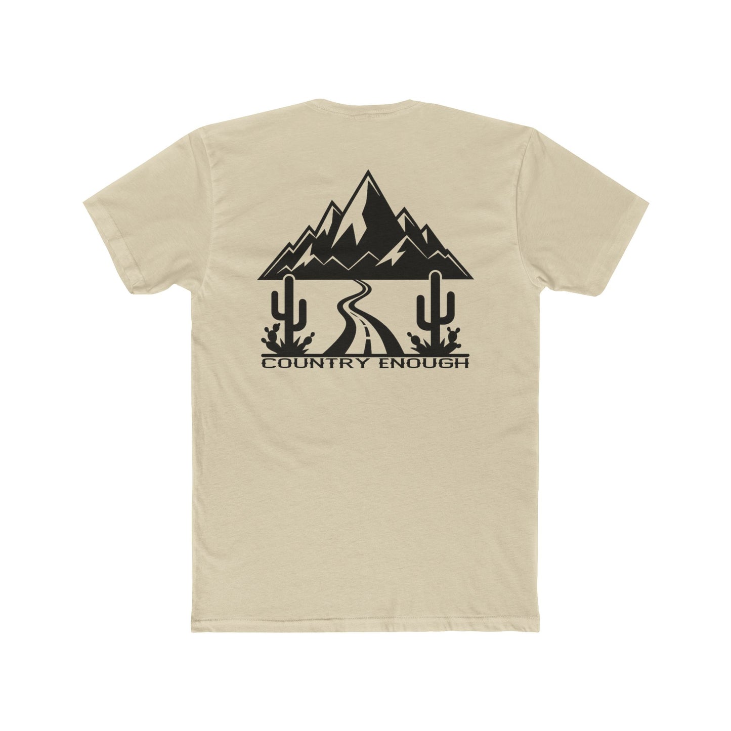 Cream t-shirt with mountain peaks, an open road, and desert cacti graphic #cream