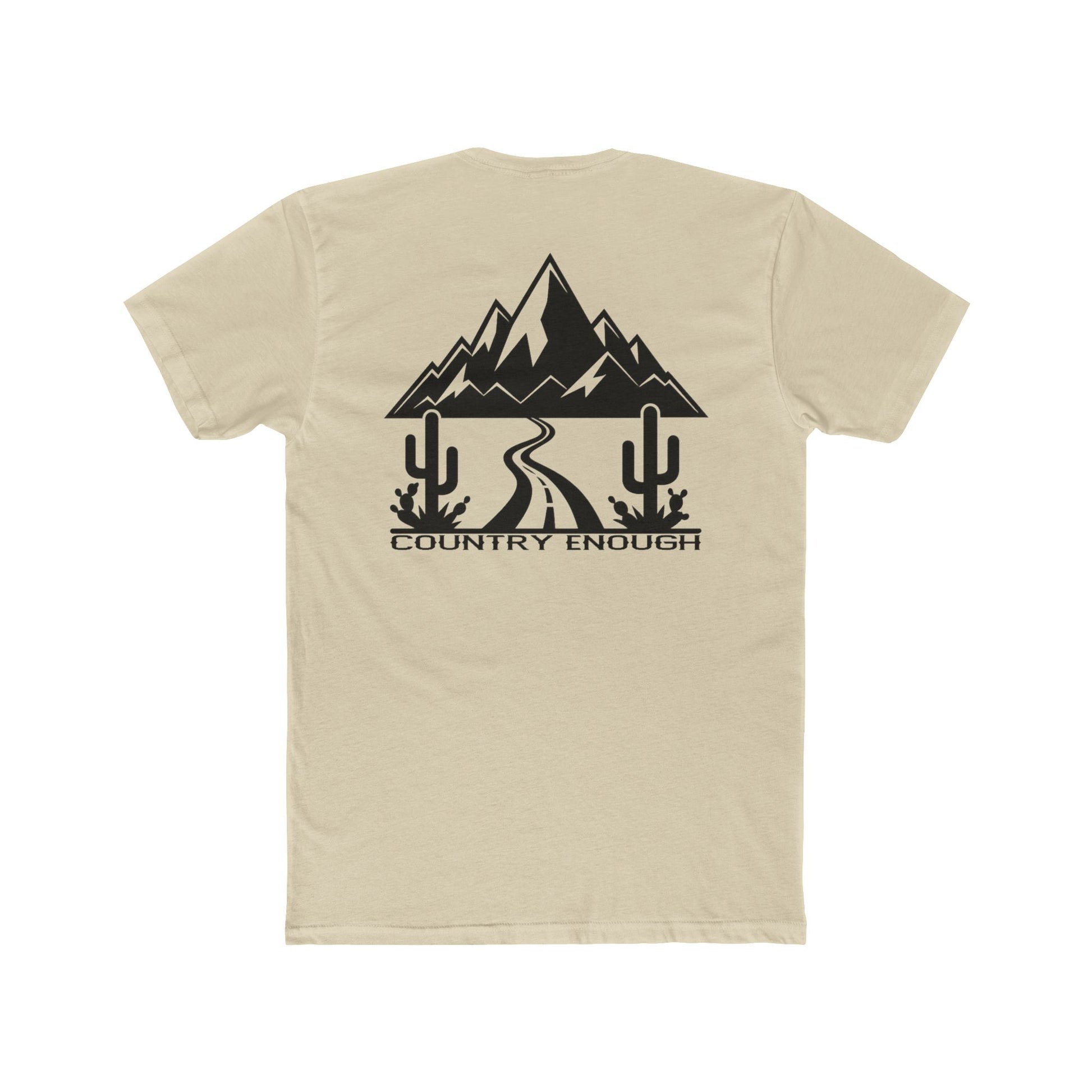 Cream t-shirt with mountain peaks, an open road, and desert cacti graphic #cream
