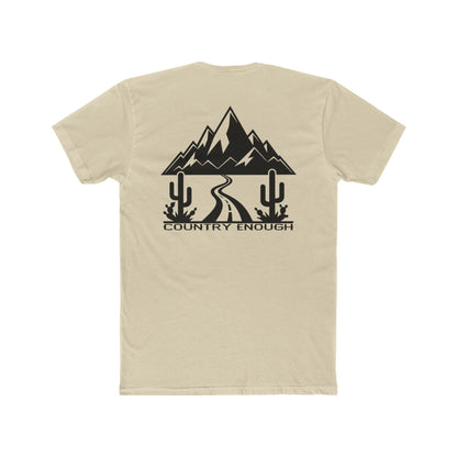 Cream t-shirt with mountain peaks, an open road, and desert cacti graphic #cream