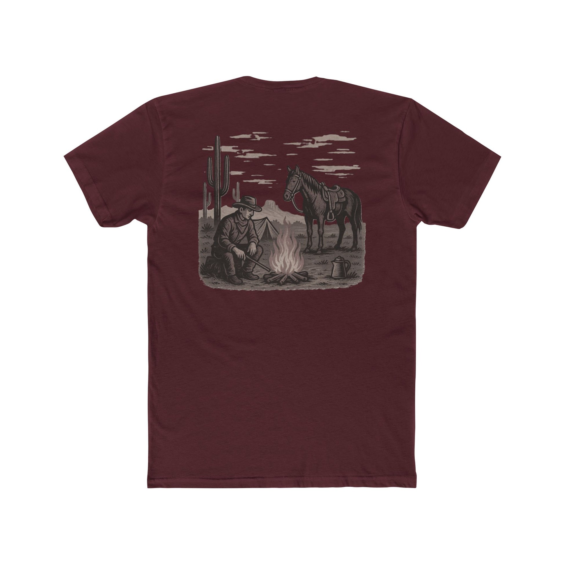 Maroon t-shirt with graphic of cowboy and horse sitting at a campfire in a desert landscape #maroon