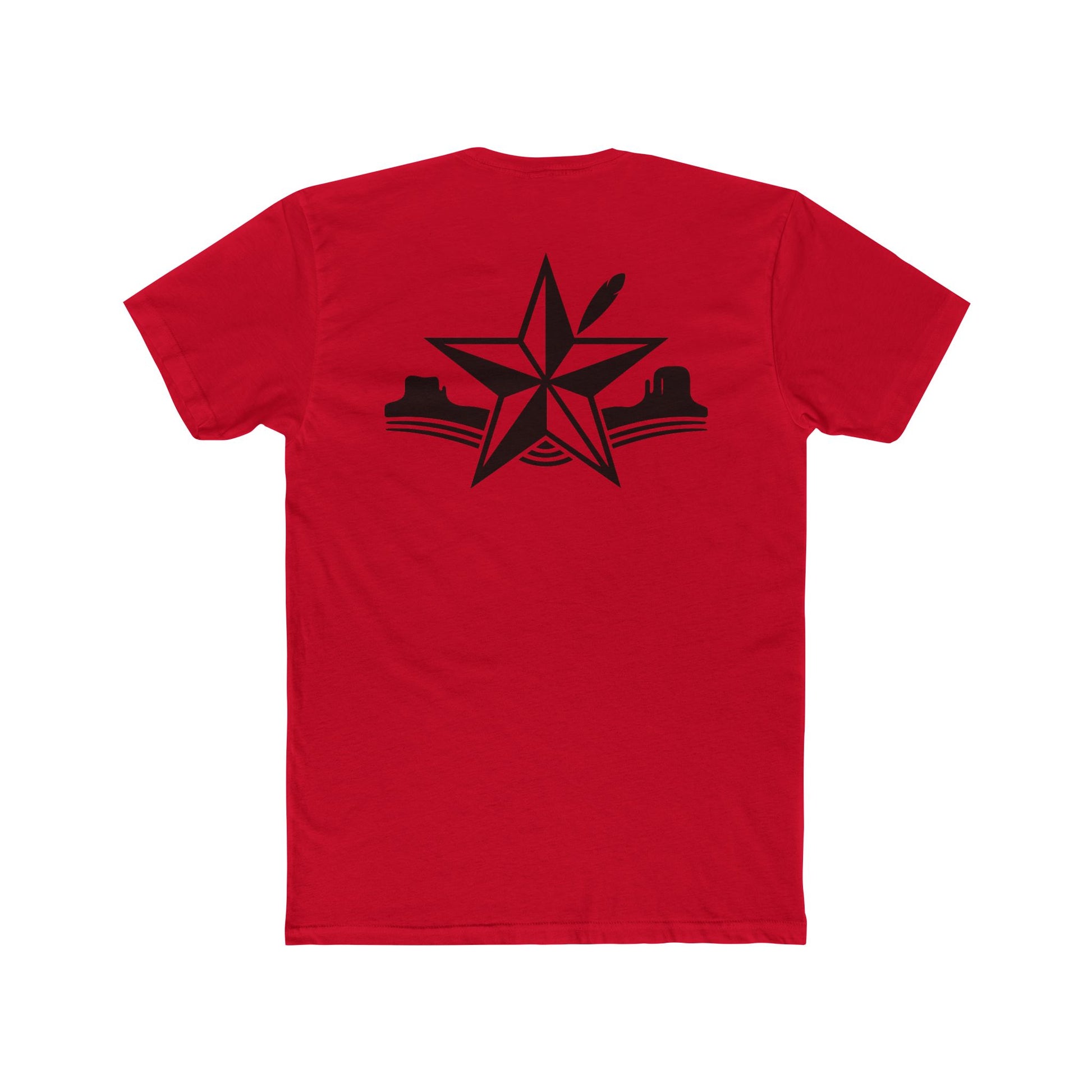 Red t-shirt with star, feather, and mountain graphic design #red