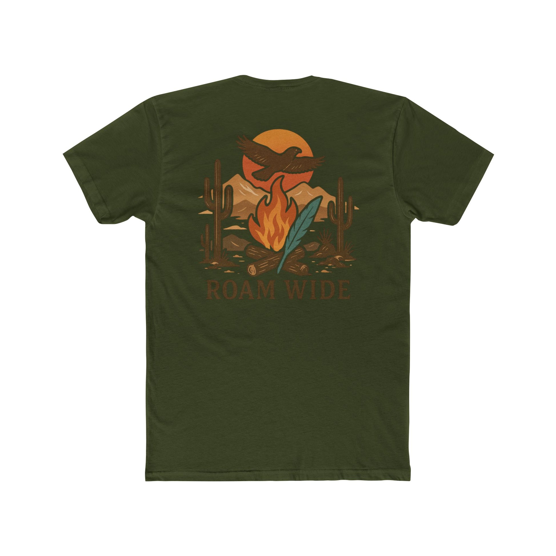 Military Green t-shirt with graphic of a campfire, bird, sun, cacti, and mountains in the desert with the words roam wide #militarygreen