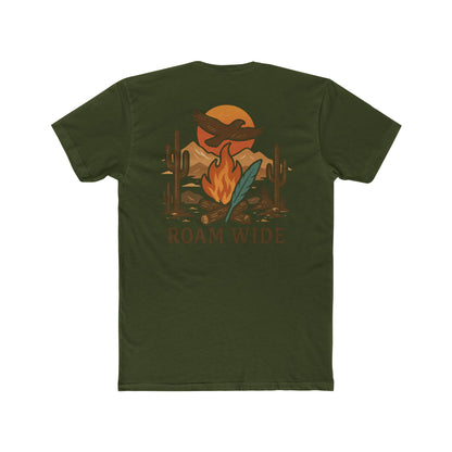 Military Green t-shirt with graphic of a campfire, bird, sun, cacti, and mountains in the desert with the words roam wide #militarygreen